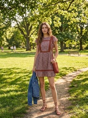 Madewell Rust Floral Tiered Mini Dress with Lace Trim
